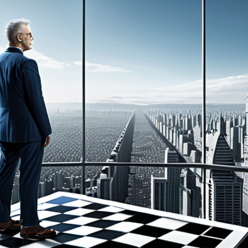 Home 13 **Visionary Leadership:** A leader standing on a high vantage point, looking out over a developing, futuristic city. The image conveys strategic foresight, with subtle elements like a blueprint or a chess board pattern in the foreground, symbolizing long-term planning and a clear vision for the nation's future. Emphasize hope and progress.