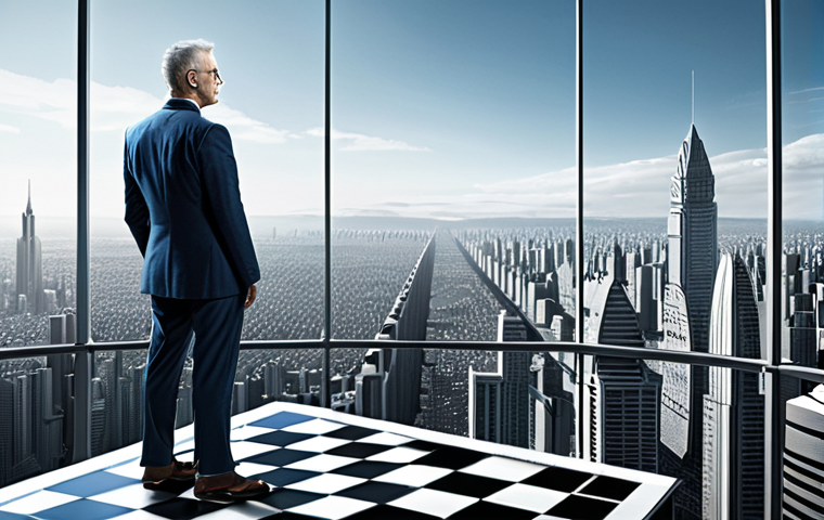 **Visionary Leadership:** A leader standing on a high vantage point, looking out over a developing, futuristic city. The image conveys strategic foresight, with subtle elements like a blueprint or a chess board pattern in the foreground, symbolizing long-term planning and a clear vision for the nation's future. Emphasize hope and progress.
