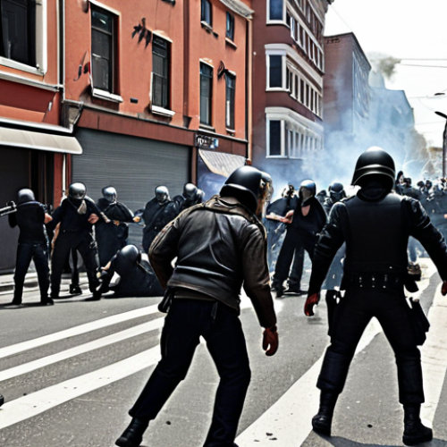Home 8 Political unrest scene with clashing parties, depicting violence and chaos in a street setting.