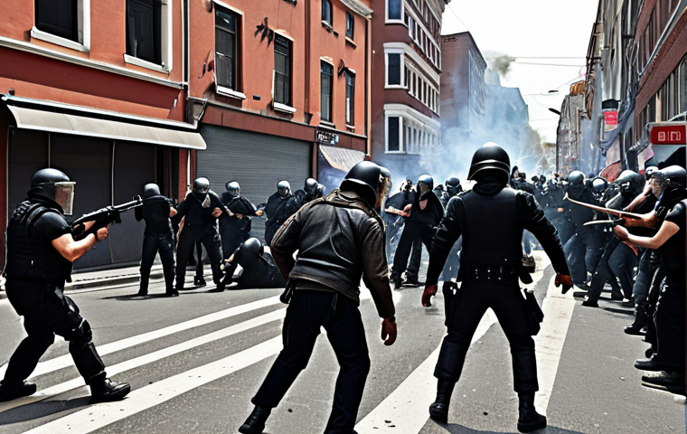 Political unrest scene with clashing parties, depicting violence and chaos in a street setting.