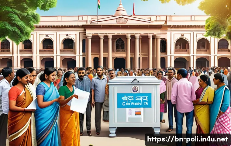 정부 형태와 권력 분립 - A detailed and vibrant illustration of a democratic government system in action, featuring a diverse...