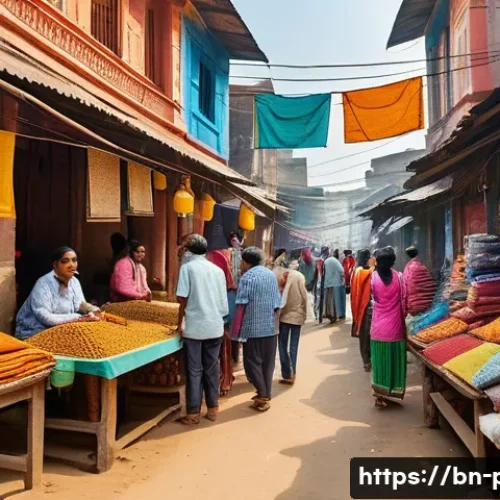 자본주의와 시장경제 - A vibrant marketplace scene in a Bengali town, showcasing diverse local vendors and entrepreneurs ac...