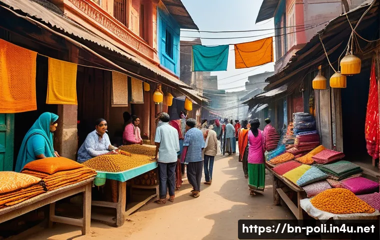 자본주의와 시장경제 - A vibrant marketplace scene in a Bengali town, showcasing diverse local vendors and entrepreneurs ac...