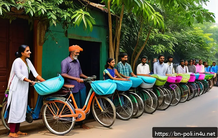 환경정책과 기후변화 - A vibrant street scene in a Bengali neighborhood showcasing eco-friendly daily life practices: peopl...