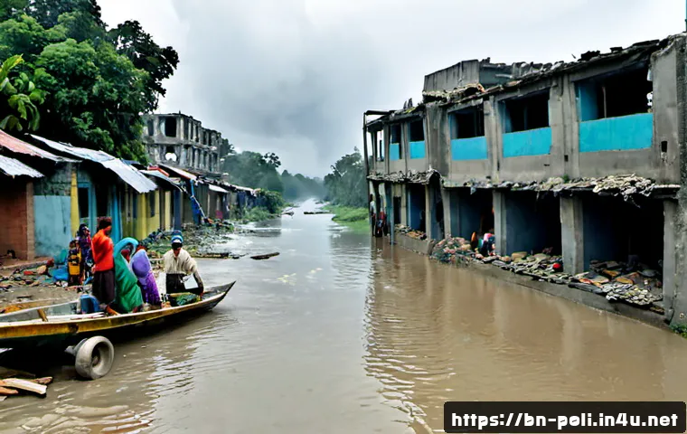 국가 붕괴와 재건 - Photorealistic wide cinematic scene of a nation in collapse, storm-dark sky over a devastated rivers...